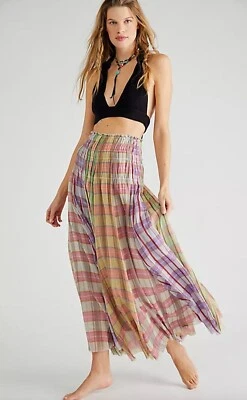 Free People Lausanne Convertible Maxi Skirt Dress Size Medium Pastel Plaids - Image 1 of 4