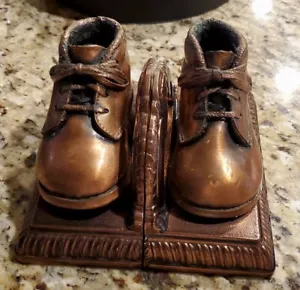 Vintage Pair Bookends Booties, Baby Shoes Bronze Nursery Art Decor 4" X 3.5" - Picture 1 of 16