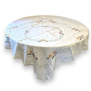 Vintage Gorgeous Cream Square Floral Garland Embroidered Linen Tablecloth 120cm - Picture 1 of 3