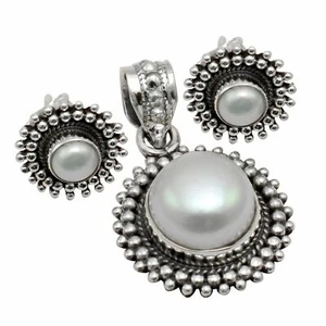 Pearl Solid 925 Sterling Silver Pendant + Earrings Set Jewelry ST-089 - Imagen 1 de 1