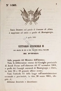 Decreto Regno Italia - Comune di Alteta è soppresso ed unito a Montegiorgio 1869 - Picture 1 of 1