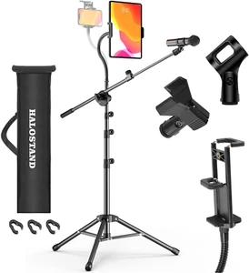 Tripod Microphone Stand with iPad & Phone Clip, Foldable Mic Stand for Singing/K - Picture 1 of 12