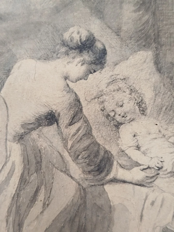 dessin lavis amour maternel par Emeraux 19 ème - Photo 1/4