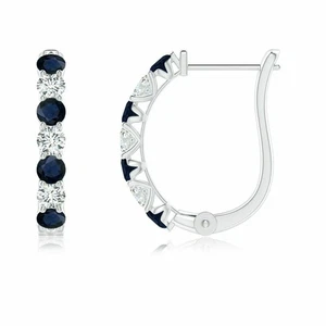 Natürlicher Saphir und Diamanten Edelstein 14k Weißgold Huggie Creolen Q715 - Bild 1 von 4