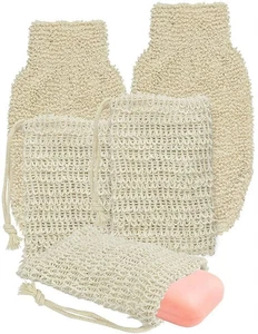 2 Peelinghandschuhe + 3 Stück Seifenbeutel mit Kordelzug Natursisal Seifenbeutel Ex - Bild 1 von 12