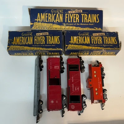 Lot 4 Vintage 3⁄16- S GAUGE American Flyer AC GILBERT Train Cars, 3 BOXES, WORKS - Image 1 of 4