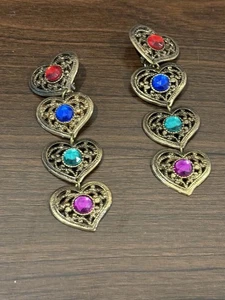 Vintage Ohrclips knallig schön Boho Statement bunt Baumeln Herzen - Bild 1 von 7