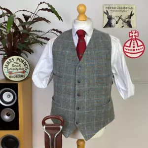 PETER CHRISTIAN (44R) HARRIS TWEED Men’s Tweed Waistcoat Vest Windowpane Check - Picture 1 of 9