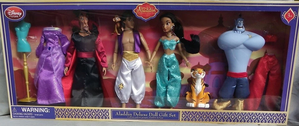 DELUXE SET Aladin Jasmine Jafar Genie Rajah Disney store coffret poupée  - Imagen 1 de 1