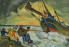 Akwarela łódź rybacka lanschaft morze podpisany obraz sztuka oryginał datowany 64