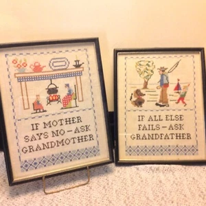 Vtg Framed Cross Stitch Sampler Pictures Grandmother Grandfather handmade gift - Picture 1 of 5