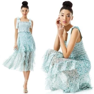 Alice + Olivia Floral Dress 0 Midi Eyelet Embroidered Pastel Cocktail Smocked - Picture 1 of 12