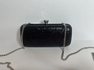 Vintage Black W/Silver Hardware Clutch Purse Evening Bag With Metal Chain - Picture 1 of 9