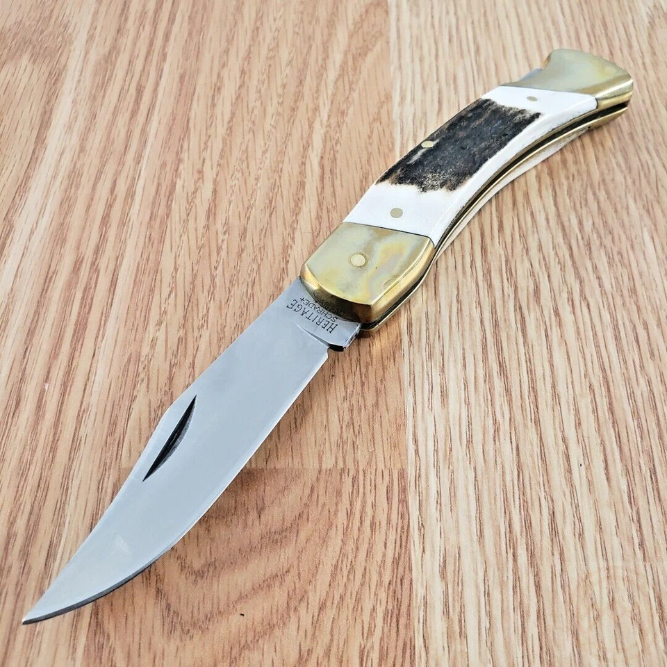 Schrade SCH07 Stag Handle Folding Lockback Folder Pocket Clip Knife