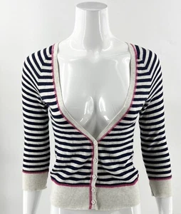 So Cardigan Sweater Small Navy Blue Gray Striped V Neck 3/4 Sleeve Lightweight - Picture 1 of 4