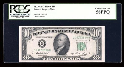DBR 1950-A $10 FRN Chicago Fr. 2011-G PCGS 58 PPQ Serial G79262580B - Image 1 of 2