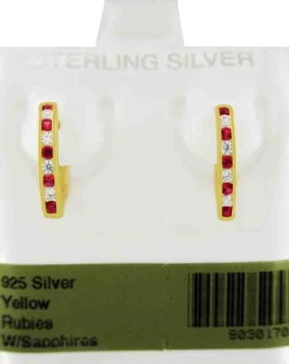 RUBIES & WHITE SAPPHIRES HOOP/HUGGIES EARRINGS 925 SILVER (YELLOW TONE) - NWT - Image 1 of 4