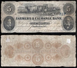 Aug 1855 5 $ Farmers & Exchange Bank Charleston South Carolina veraltete Banknote - Bild 1 von 1