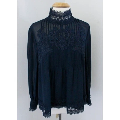 Ted Baker Top Womens Size 5 Blue Lace High Neck Sheer Sleeves Relaxed Cailley - Image 1 of 4