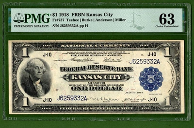 1918💲1  FRBN  🏛️ KANASAS  CITY  Fr-737  🏛️  PMG  63 - Image 1 of 4