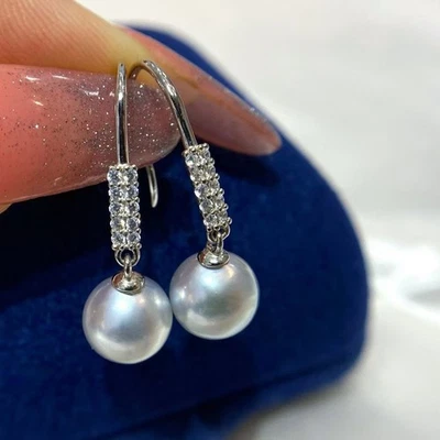 Pendientes colgantes de perlas Akoya grises redondos naturales de plata de ley 925 de 8-9 mm Foto 1 de 4