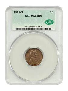 1921-S 1C CACG MS63BN - Lincoln Cent (Wheat Reverse) - Underrated Date - Picture 1 of 4