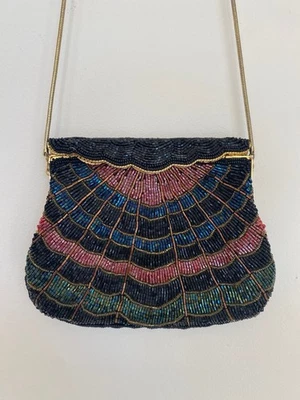 Bolso de noche vintage La Regale con cuentas de vidrio - correa dorada - negro, oro rosa, azul Foto 1 de 4