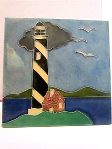Vintage lighthouse tile trivet wall hanging. Easel back. Raised Design. 6" sq - Picture 1 of 5