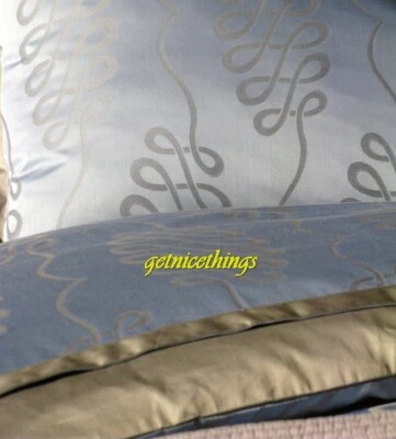 $460 Yves Delorme Queen Sábana Plana Pergamino Azul Báltico Platino Gris Satén Francia Foto 1 de 4