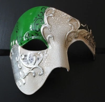 QUALITY GREEN & SILVER HALF FACE PHANTOM MUSICAL NOTES MASQUERADE MASK  - Image 1 of 4