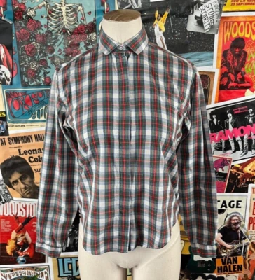 Blusa de sastrería Petite XS retro de colección para mujer años 80 verde roja a cuadros aguja única Foto 1 de 4