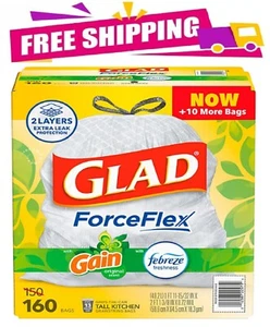 Glad ForceFlex Tall Kitchen 13 Gallon Drawstring Trash Bags w. Febreze 160 ct.. - Picture 1 of 9