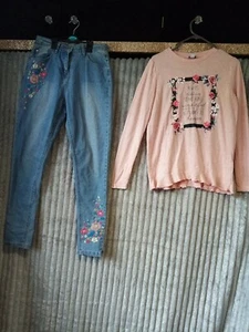 Girls comfortable pink/blue Jeans/shirt height of the jeans 158-164cm UK 13-14 - Picture 1 of 12