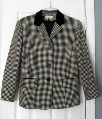  1990s Ann Taylor Black Off White Check Gingham Wool Blazer Jacket Sz 10 Velvet - Image 1 of 4