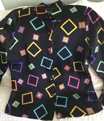 August Silk Black Colorful 100% Silk Womens Blouse Collared Shirt Size Small - Image 1 of 4