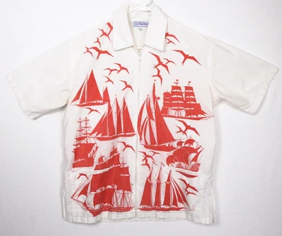 VTG Bagshaws of St Lucia WI Sailing Ships Zip-Up Collar Shirt Mens XL White READ - Image 1 of 4