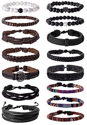  15Pcs Braided Leather Bracelet Boho Cuff Wrap String Wood Bead B:15Pcs(Black) - Image 1 of 4
