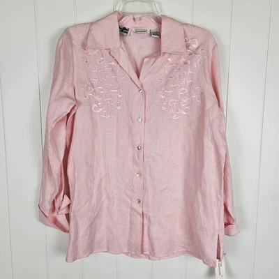 Camisa de lino irlandesa Richard Malcolm abotonada manga larga embriodada rosa claro M Foto 1 de 4