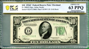1934C  $10 Federal Reserve Note Cleveland FR-2008D PCGS UNC 63PPQ  JULIAN SNYDER - Picture 1 of 2