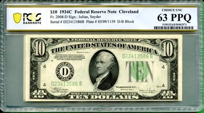1934C  $10 Federal Reserve Note Cleveland FR-2008D PCGS UNC 63PPQ  JULIAN SNYDER - Image 1 of 2