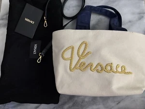 100% Authentic Versace canvas Shoulde Bag/top Handle -Tan/navy Blue -size XS - Picture 1 of 18