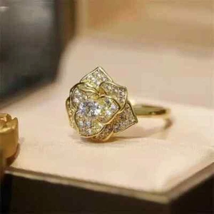 2 Ct Round Real Moissanite Women's Flower Wedding Ring 14K Yellow Gold Finish - Picture 1 of 3