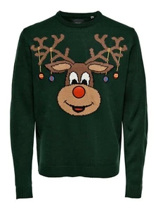 Only & Sons Green Christmas Rudolph the Red Nose Reindeer Jumper with Round Neck - Picture 1 of 2