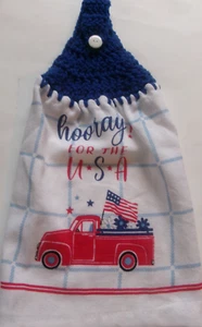 BLUE Yarn  Crochet Top  hooray FOR THE USA TRUCK Print Cotton Kitchen Dishtowel - Picture 1 of 3