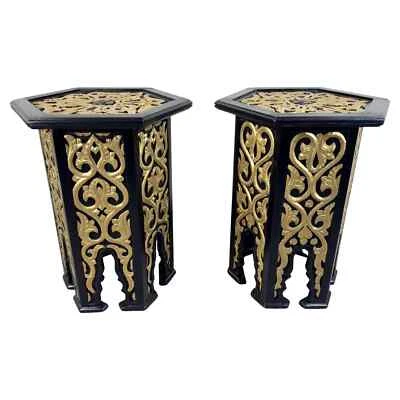Hollywood Regency Moroccan Stye Side or End Table Black with Gold Design, a Pair - Image 1 of 4