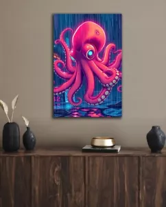 Neon Octopus Metal Poster Print Wall ART Fantasy 12x18 Ocean Animals Nature Rain - Picture 1 of 5