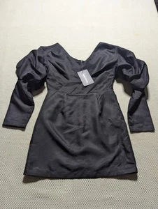 Pretty Little Thing Women's Black Asymmetric Wrap Dress With Puffy Sleeve Party - Picture 1 of 9