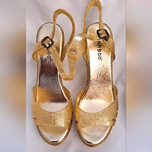 Gr. 8 Gold Glitzer Jelly Block High Heel Sandalen Schuhe NEU Plateau Meta... - Bild 1 von 8