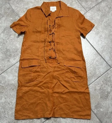Anthropologie Maeve Linen Mini Dress Women 2 Orange Lace Up Pockets Short Sleeve - Image 1 of 4