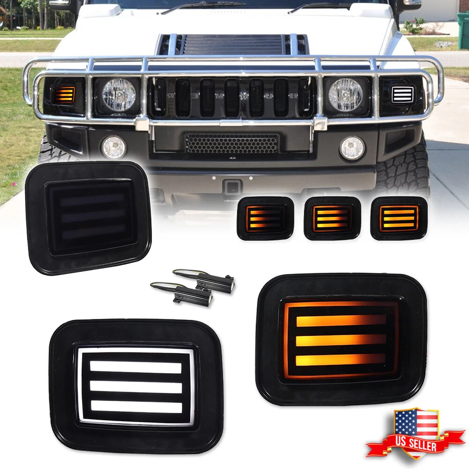 For 2003-2009 Hummer H2 Smoke Switchback LED Front Bumper DRL Turn Signal Lights - Image 1 of 4